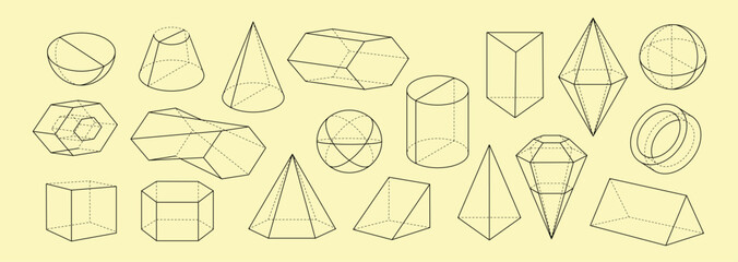 3D Geometric linear shapes set. Volumetric figures and obkects pack. Pyramid, cube and sphere. Crystal and diamond, gemstone. Outline vector collection isolated on white background