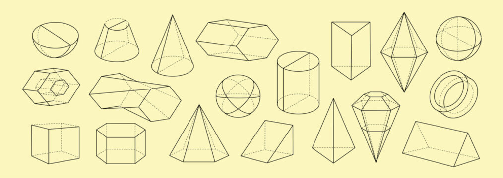 3D Geometric linear shapes set. Volumetric figures and obkects pack. Pyramid, cube and sphere. Crystal and diamond, gemstone. Outline vector collection isolated on white background