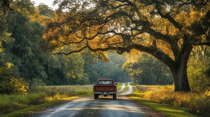 Obraz premium Country road with an old pickup truck under a large oak tree providing shade to a serene driveway scene