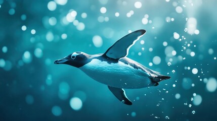 Obraz premium A penguin swimming underwater with a light turquoise bubble-filled background