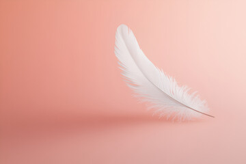 Obraz premium A single delicate white feather floating gracefully on a soft pink background, creating an elegant and airy visual. 