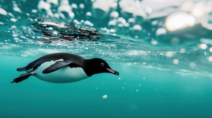 A penguin swimming underwater with a light turquoise bubble-filled background