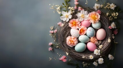 Obraz premium Pastel Easter eggs nestled in a bird's nest, adorned with delicate spring flowers.