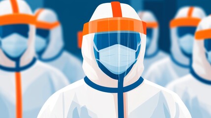 Healthcare professionals in protective gear coordinating pandemic preparedness efforts vibrant medical environment symbolizing resilience and crisis management clean and dynamic design