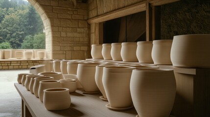 Fototapeta premium Handcrafted Pottery Displays in a Ukrainian Workshop Showcasing Traditional Artistry