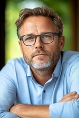 Obraz premium A contemplative middle-aged man with glasses exudes confidence and introspection, This portrait is perfect for business, self-improvement, or professional advice content,