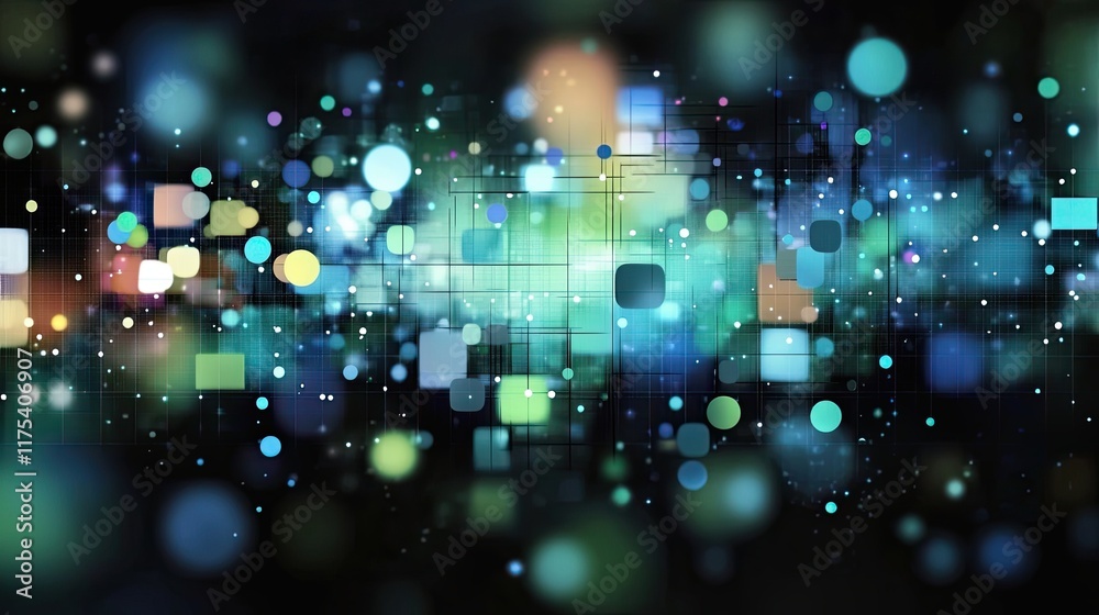 Poster exploration of molecular structures through vibrant patterns and colors in a digital landscape