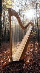 Enchanted Harp Basking in Moonlight Amidst Autumn Leaves in a Serene Woodland Setting