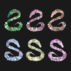 Colorful Snakes on Black Background, Vector