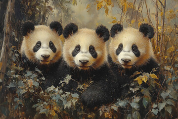 Obraz premium Three Panda Cubs Nestled In Autumn Foliage