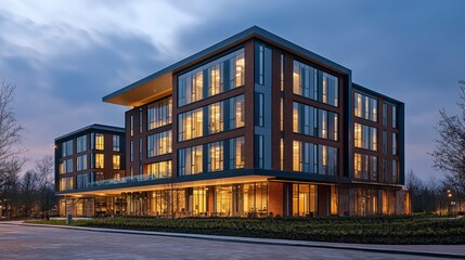 Contemporary student housing with social spaces and study pods visible through facade