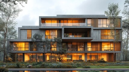 Obraz premium Contemporary student housing with social spaces and study pods visible through facade