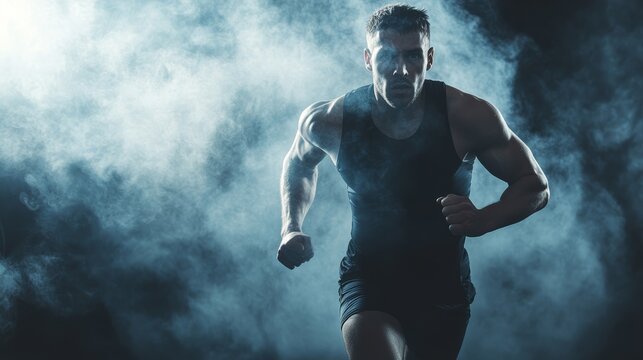 Muscular athlete running through a smoky environment, creating a dramatic and powerful scene of athletic determination and strength