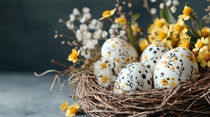 Obraz premium Easter eggs nestled in a bird's nest, adorned with delicate floral designs and surrounded by spring blossoms.