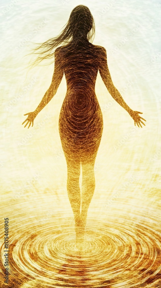 Poster exploring the harmony of science and nonduality through a flowing manifestation of consciousness