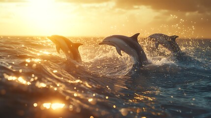 Fototapeta premium Golden Hour Dolphins: Oceanic Ballet at Sunset