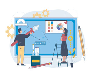 Graphic designer concept. Man and woman developing graphic elements for website. UI and UX design. Interface for mobile applications and programs. Linear vector illustration
