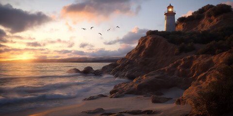 A picturesque lighthouse stands high on rocky cliffs, embraced by a radiant sunset sky, as gentle waves lap the shore, symbolizing guidance and solace.