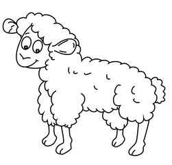 Cute cartoon hand drawn vector funny smiley baby sheep coloring page.