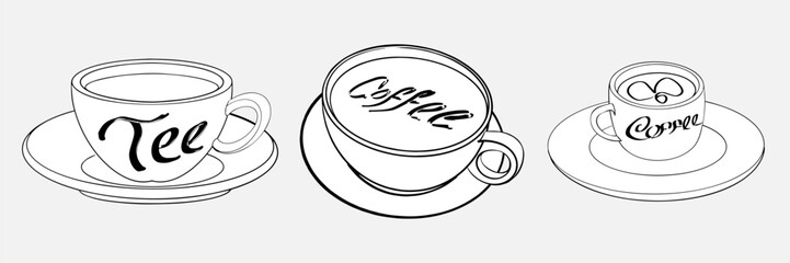 A set of three cups on platters from different angles.
