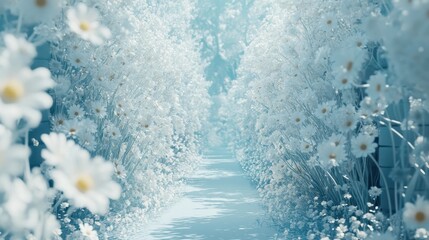 Fototapeta premium A picturesque lane surrounded by delicate daisies on both sides, under a serene baby blue background