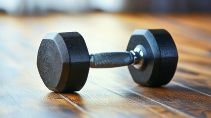 Lifting dumbbell on wooden floor for fitness. Dark weight contrasts with light background, inspiring activity and strength. Incorporate exercise for power and potential