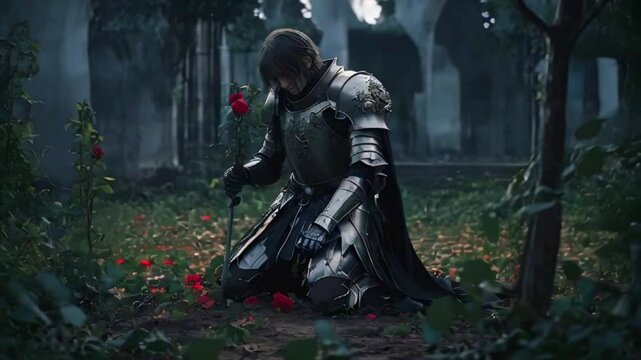 decaying garden black roses, knight kneels, single bloom princess, knowing meeting before fate tears them apart, 2D flat anime style illustration, 4k landscape animation video