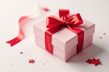Obraz premium Simple gift box wrapped in red ribbon on white background, paper, elegant, wrapping