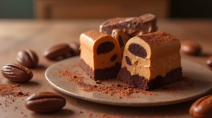 Savor the richness of a decadent chocolate and pecan pie bar, layered with a creamy filling and dusted with cocoa powder.