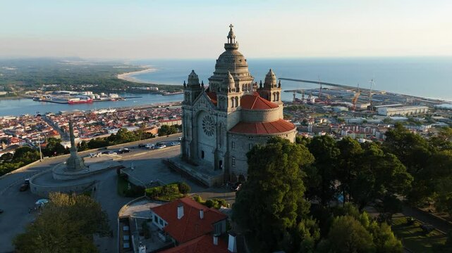 Basilica Santa Luzia at Sunset. Viana do Castelo City, Portugal. Aerial View. Orbiting