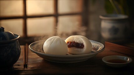 Steaming bao buns reveal sweet filling inside a bowl