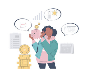 Personal finance concept. Woman with piggy bank with gold coins. Financial literacy and passive income. Accounting and budgeting. Family budget. Linear vector illustration