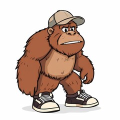 Obraz premium Cool Ape in a Cap: A cartoon illustration of a tough-looking ape, wearing a baseball cap and sneakers, with a cool and determined expression. 