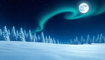 Naklejka premium Magical Winter Night with Northern Lights and Full Moon