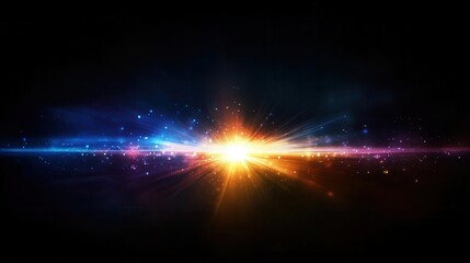 A glowing central point with sharp prismatic rays refracted into vibrant colors, abstract energy burst, futuristic