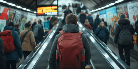 A bustling subway station full of commuters, with a solitary figure wearing a red backpack heading up an escalator, embodying urban life and social movement.