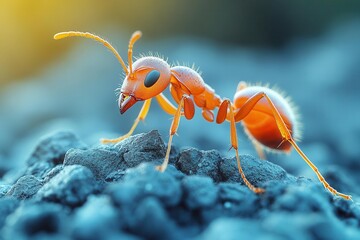 detailed macro shot of an ant navigating through textured terrain highlighting intricate features and the natural beauty of the insect world in stunning clarity