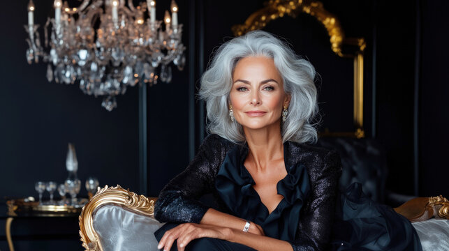 An elegant portrait of a confident mature woman with silver hair, dressed in a sophisticated black outfit and statement jewelry. She poses in a luxurious dark interior.