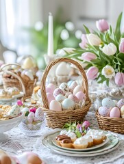 An_ornate_Easter_table_set_with_wicker_baskets
