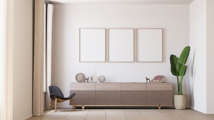 Fototapeta premium three framed poster mockups on the wall in simple living room interior background with red credenza. 3d illustration