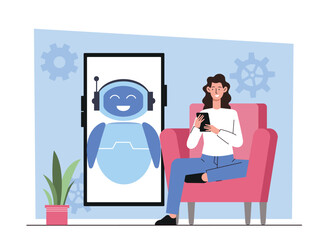 Bot technical support. Woman sitting near smartphone with robot. Technical support and answers to customer questions. Business communication. Virtual helper and assistance. Flat vector illustration