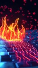 Obraz premium A glowing firewall with vibrant flames repelling streams of malware represented as red particles, symbolic and vivid