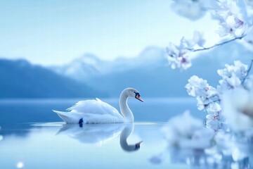 Obraz premium Elegant Swan Swimming on Tranquil Water with Blossoms in Background