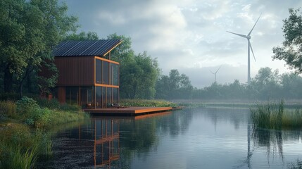 Obraz premium A sustainable energy farm with solar panels and windmills near a calm lake