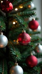 Red and silver ornaments are scattered across the branches of a Christmas tree, Holiday Decoration, Red and Silver, Ornaments
