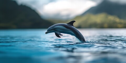 Fototapeta premium Dolphin Jumping Gracefully Over Calm Blue Water Surface
