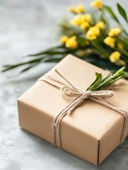 A beautifully wrapped gift box adorned with twine and fresh greenery, set against a grey background with delicate yellow flowers, ideal for celebrations, gift ideas