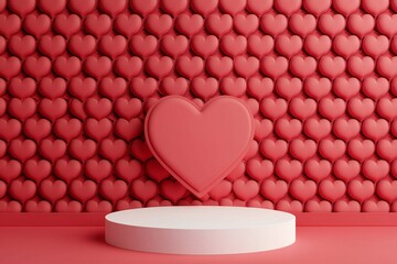 Valentine's Day Romantic Red Heart Background with White Product Display Podium