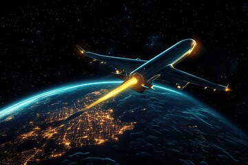 Obraz premium A glowing plane slicing through the night sky, with Earth s illuminated cities visible below, futuristic travel graphic, artistic