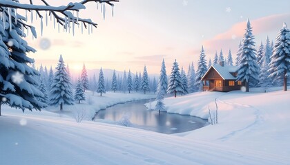 Fototapeta premium Serene Winter Cabin in Snowy Forest at Sunrise